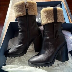 PAIGE Black Leather Heeled Boots with Tan Shearling